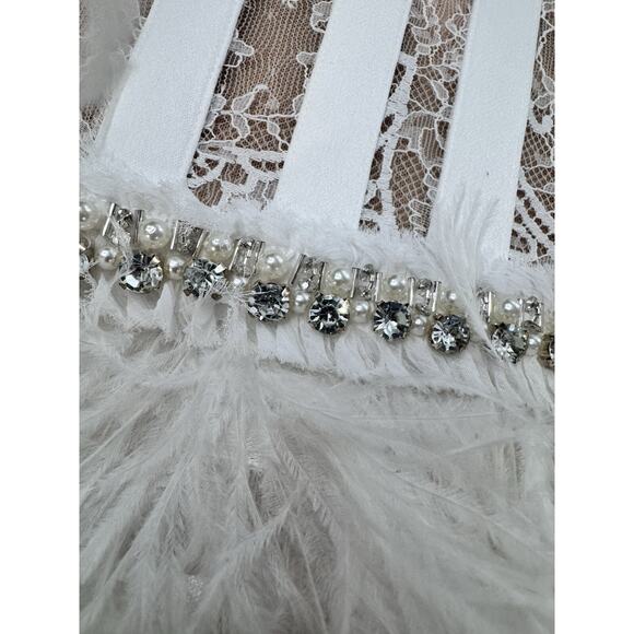 ALICE + OLIVIA XIA SHEER BUSTIER CRYSTAL FEATHERED STRAPLESS MINI DRESS SIZE 12 - Picture 10 of 11